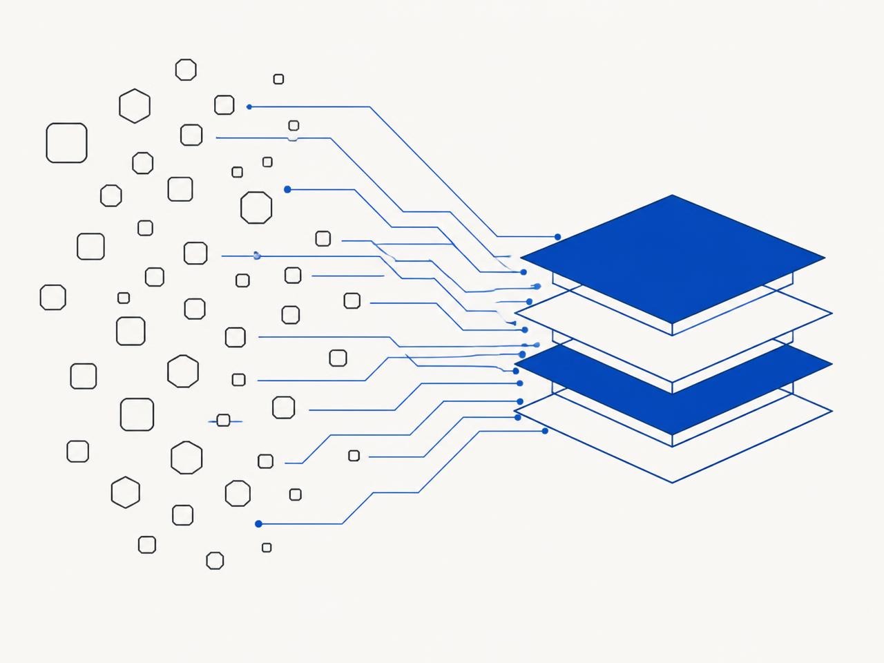 Fragmented enterprise systems drawn together by connection lines into a single layered intelligence layer